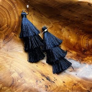 Navy blue tiered tassel earrings